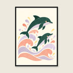 Dolphin Daydream children’s illustration in green, coral, lilac and yellow — styled with a black frame; choose the framed finish to include it