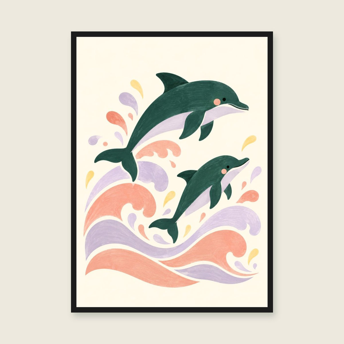 Dolphin Daydream children’s illustration in green, coral, lilac and yellow — styled with a black frame; choose the framed finish to include it