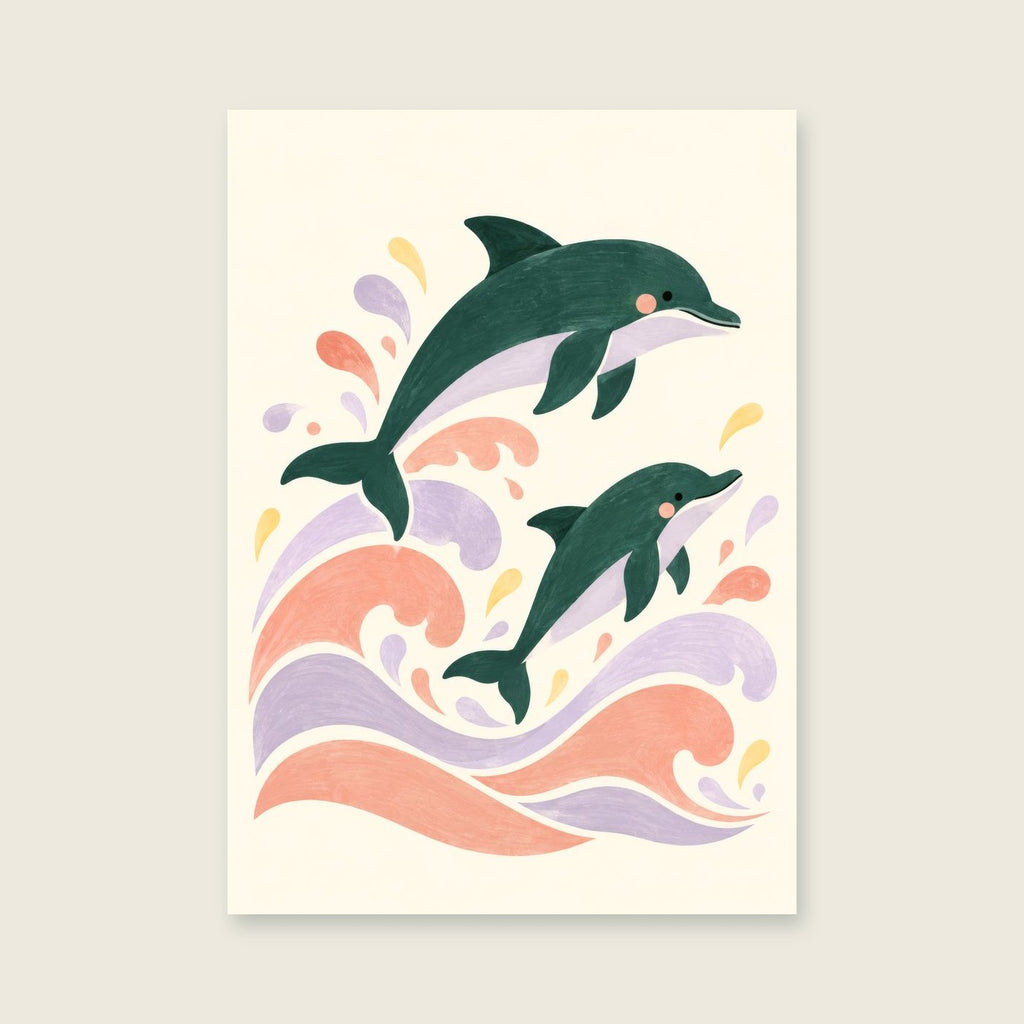 Dolphin Daydream children’s illustration in green, coral, lilac and yellow