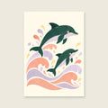 Dolphin Daydream children’s illustration in green, coral, lilac and yellow