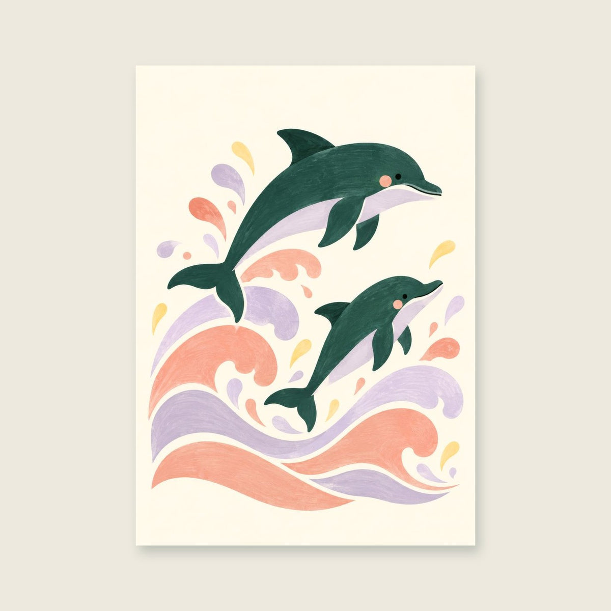 Dolphin Daydream children’s illustration in green, coral, lilac and yellow