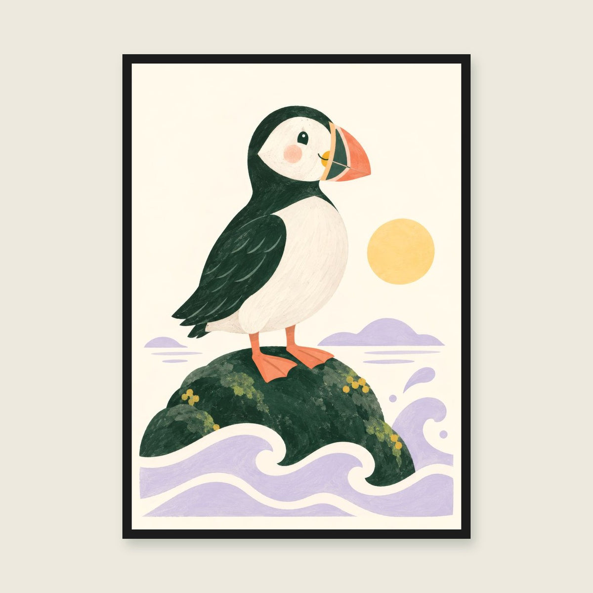 Puffin by the Sea children’s illustration in green, coral, lilac and yellow — styled with a black frame; choose the framed finish to include it