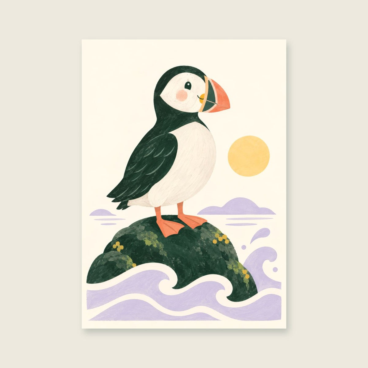 Puffin by the Sea children’s illustration in green, coral, lilac and yellow