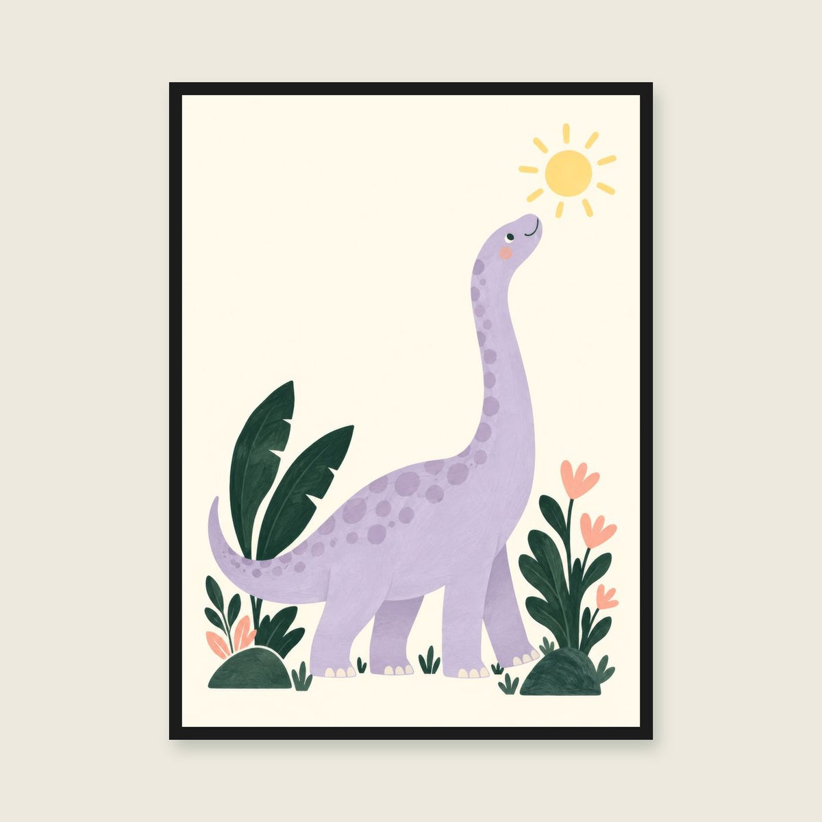 Brontosaurus & the Sun children’s illustration in green, coral, lilac and yellow — styled with a black frame; choose the framed finish to include it