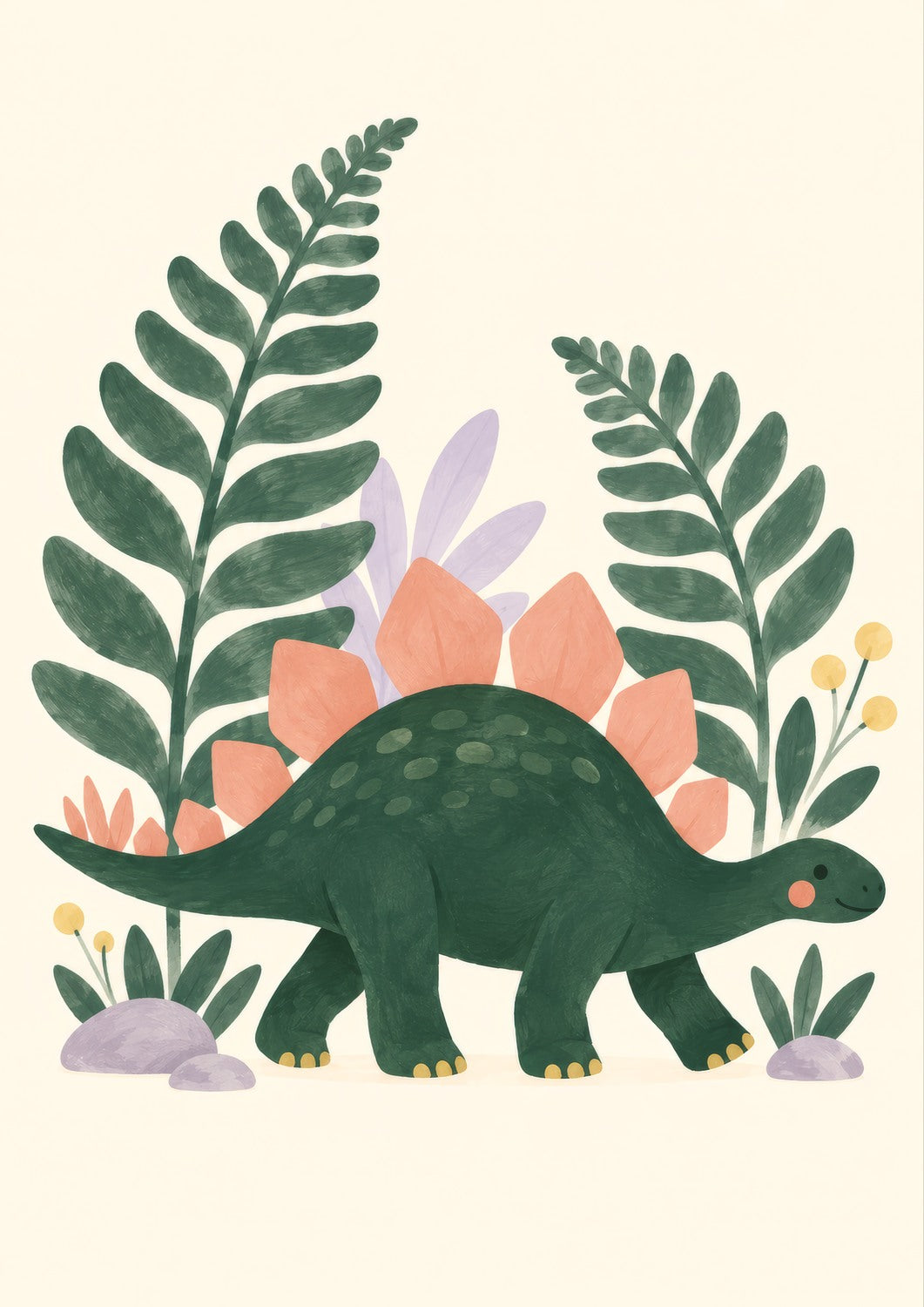 Stegosaurus Stroll children’s illustration in green, coral, lilac and yellow — artwork detail