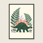 Stegosaurus Stroll children’s illustration in green, coral, lilac and yellow — styled with a black frame; choose the framed finish to include it