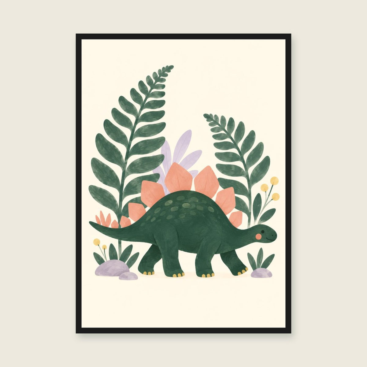 Stegosaurus Stroll children’s illustration in green, coral, lilac and yellow — styled with a black frame; choose the framed finish to include it