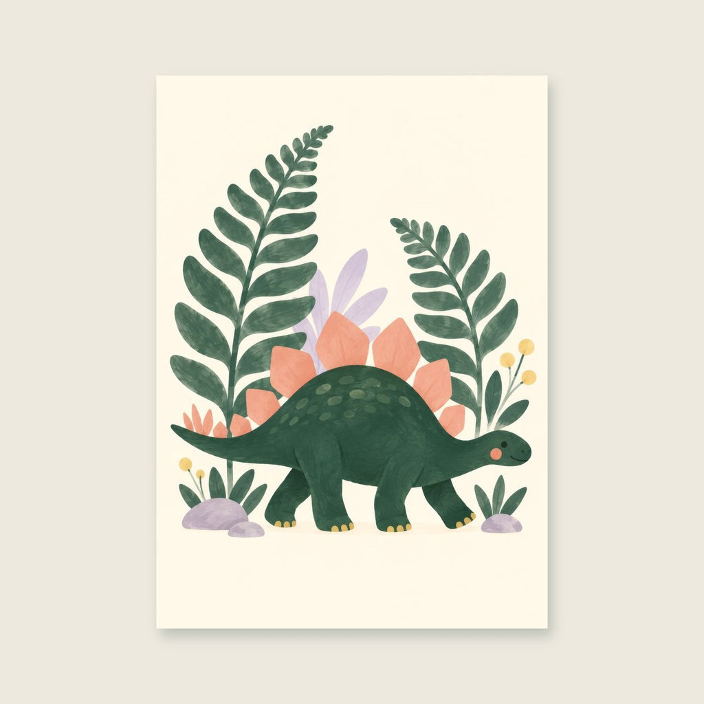 Stegosaurus Stroll children’s illustration in green, coral, lilac and yellow