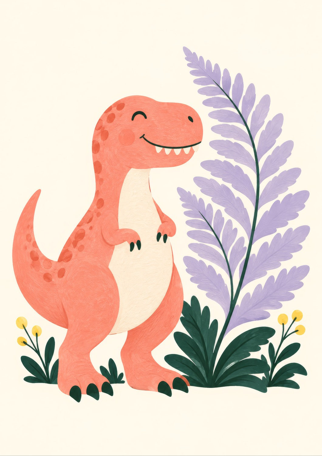 Little T. Rex children’s illustration in green, coral, lilac and yellow — artwork detail
