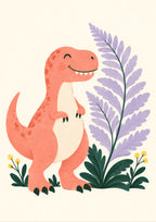 Little T. Rex children’s illustration in green, coral, lilac and yellow — artwork detail