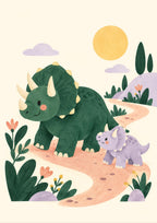 Triceratops Trail children’s illustration in green, coral, lilac and yellow — artwork detail
