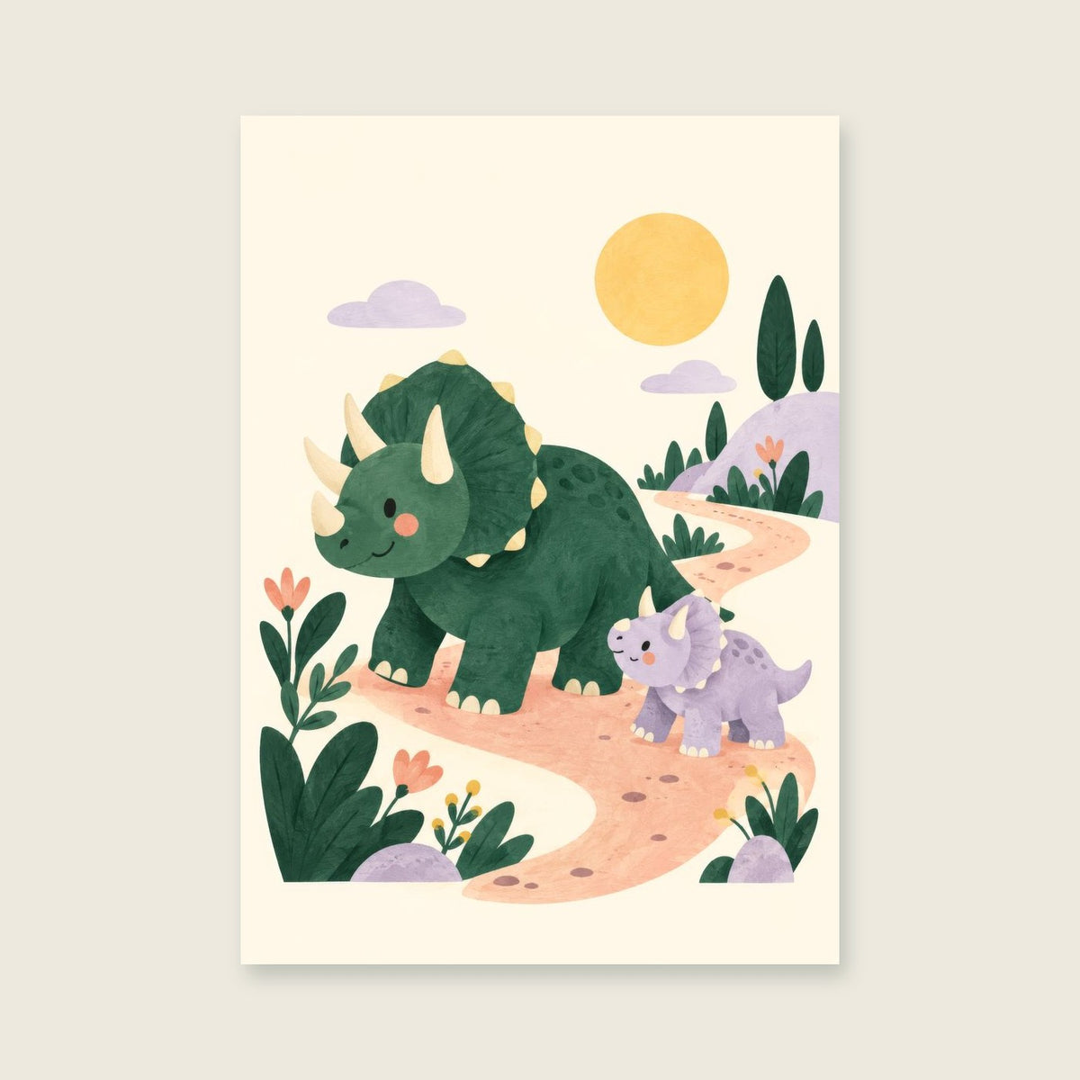 Triceratops Trail children’s illustration in green, coral, lilac and yellow