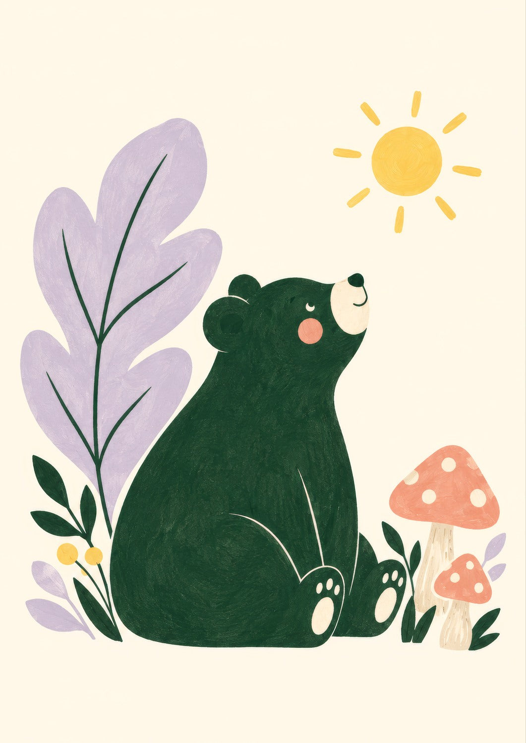 Sunshine Bear children’s illustration in green, coral, lilac and yellow — artwork detail