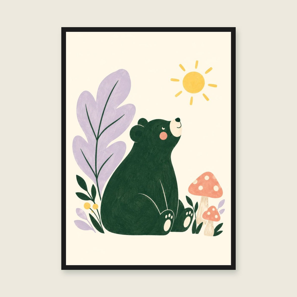 Sunshine Bear children’s illustration in green, coral, lilac and yellow — styled with a black frame; choose the framed finish to include it