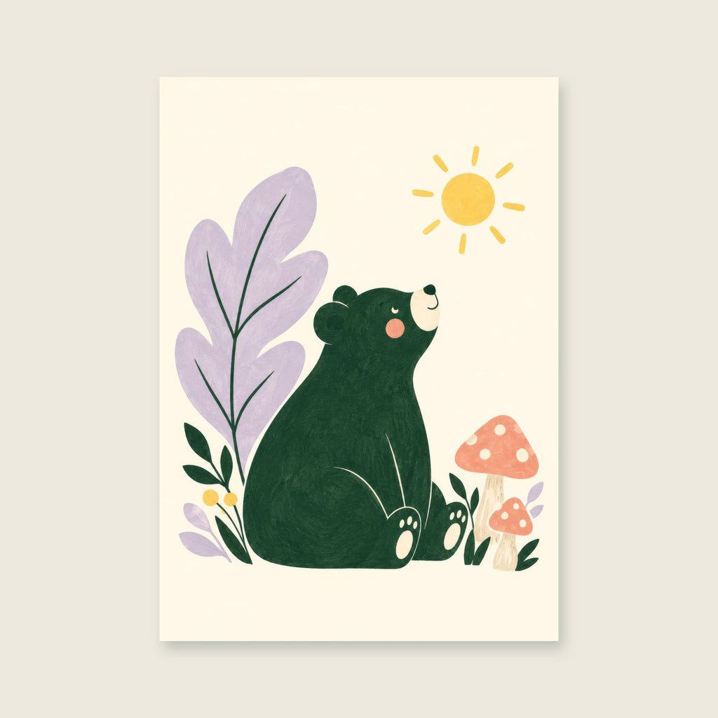 Sunshine Bear children’s illustration in green, coral, lilac and yellow