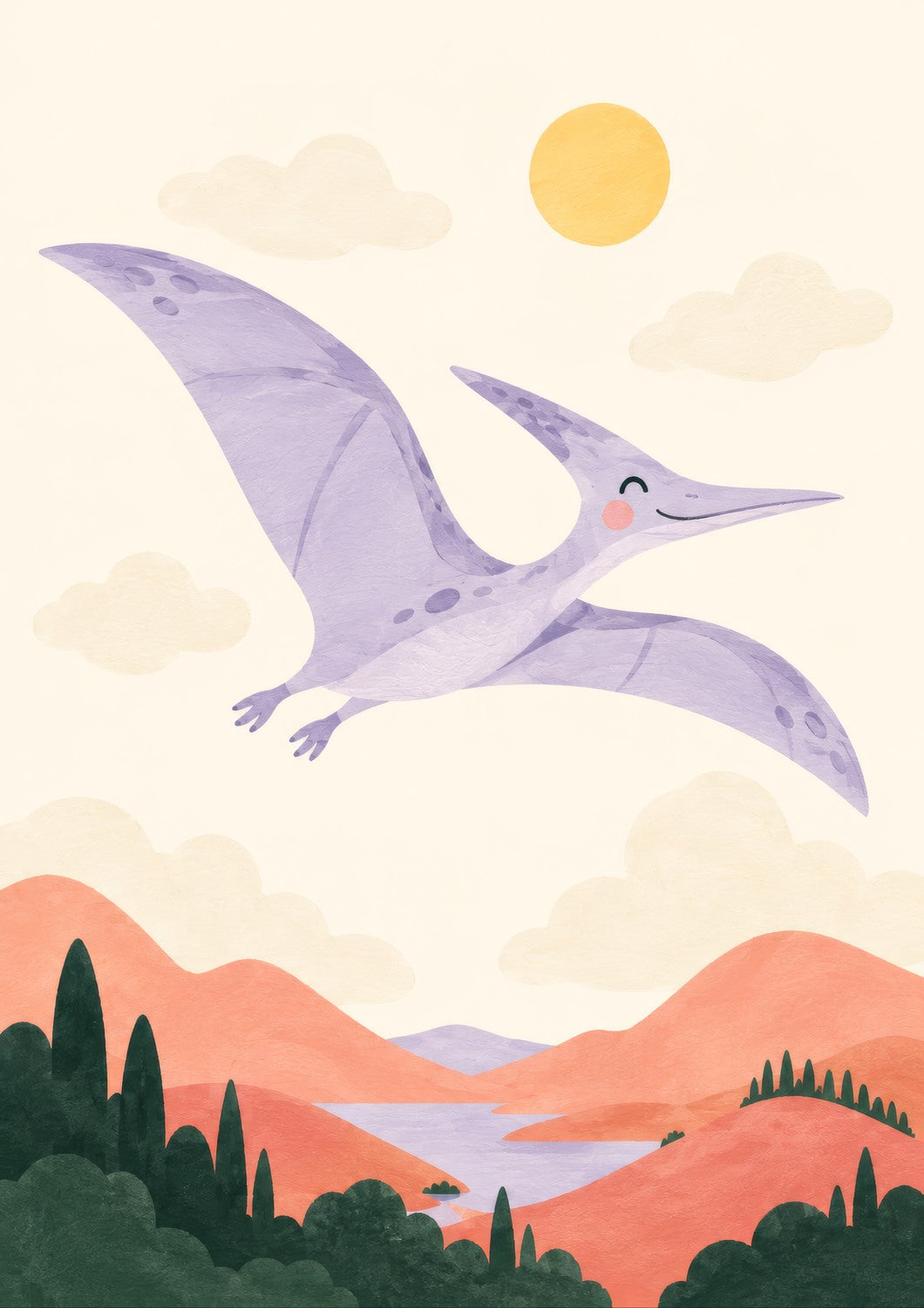 Pterodactyl Sky children’s illustration in green, coral, lilac and yellow — artwork detail
