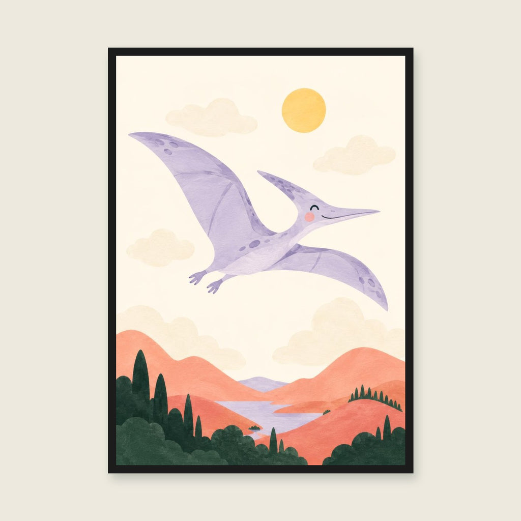 Pterodactyl Sky children’s illustration in green, coral, lilac and yellow — styled with a black frame; choose the framed finish to include it