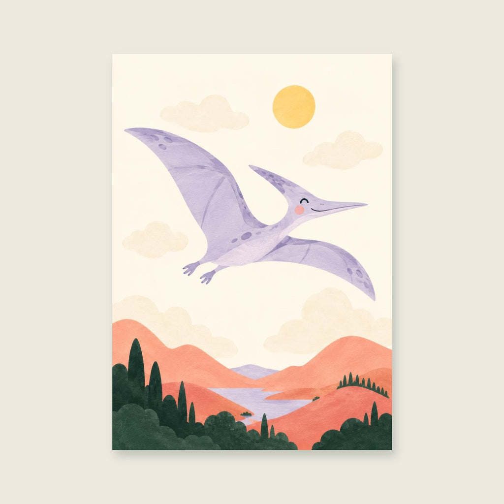 Pterodactyl Sky children’s illustration in green, coral, lilac and yellow