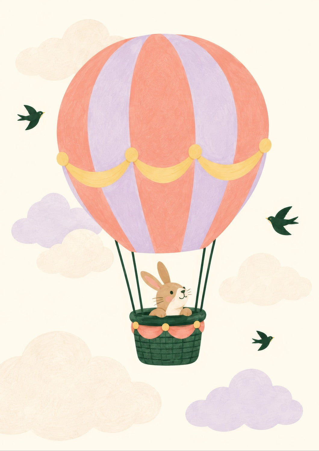 Up, Up & Away children’s illustration in green, coral, lilac and yellow — artwork detail