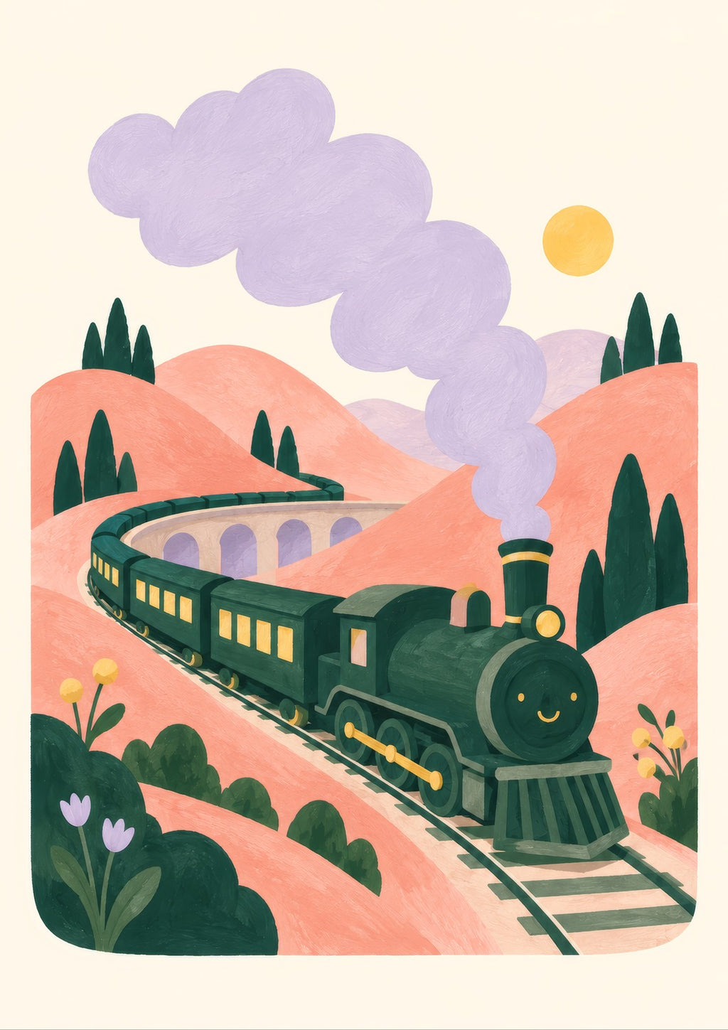 All Aboard children’s illustration in green, coral, lilac and yellow — artwork detail