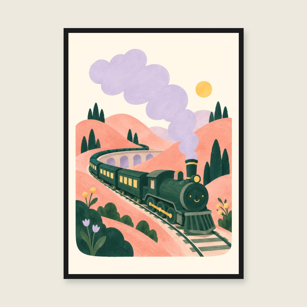 All Aboard children’s illustration in green, coral, lilac and yellow — styled with a black frame; choose the framed finish to include it