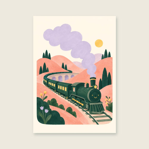 All Aboard children’s illustration in green, coral, lilac and yellow