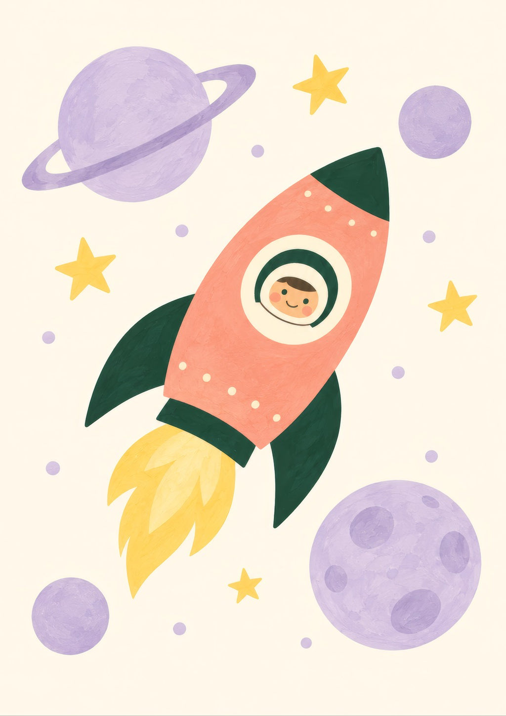 Little Rocket children’s illustration in green, coral, lilac and yellow — artwork detail