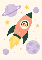 Little Rocket children’s illustration in green, coral, lilac and yellow — artwork detail