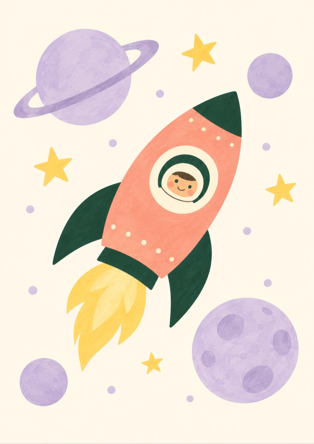 Little Rocket children’s illustration in green, coral, lilac and yellow — artwork detail
