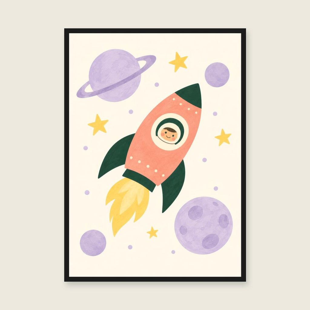Little Rocket children’s illustration in green, coral, lilac and yellow — styled with a black frame; choose the framed finish to include it