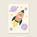 Little Rocket children’s illustration in green, coral, lilac and yellow
