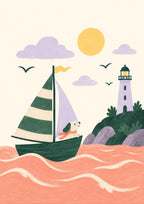 Seaside Explorer children’s illustration in green, coral, lilac and yellow — artwork detail