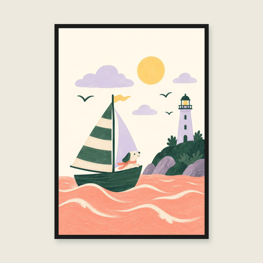 Seaside Explorer children’s illustration in green, coral, lilac and yellow — styled with a black frame; choose the framed finish to include it