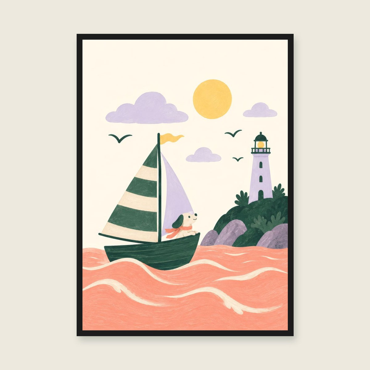 Seaside Explorer children’s illustration in green, coral, lilac and yellow — styled with a black frame; choose the framed finish to include it