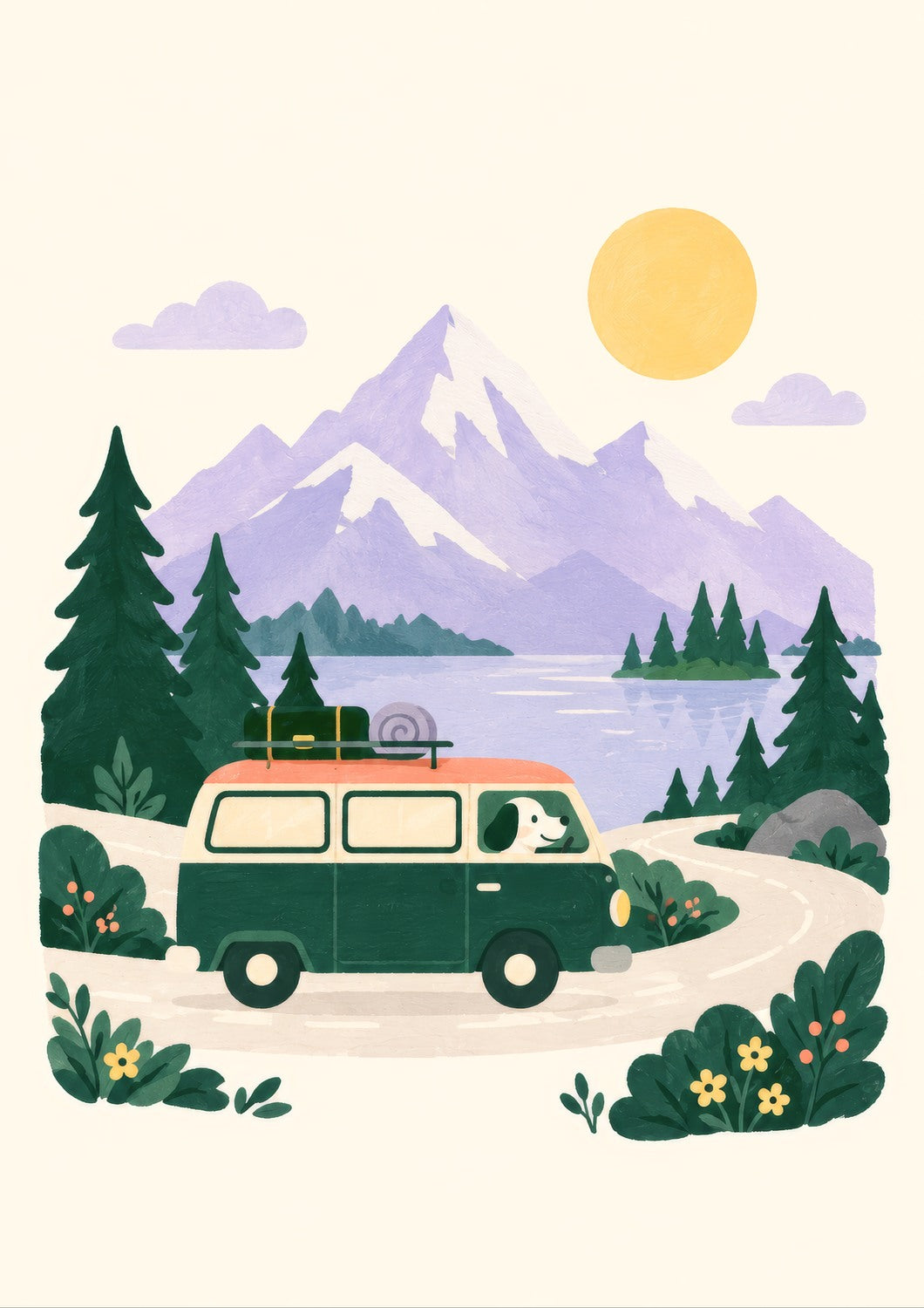 Adventure Camper children’s illustration in green, coral, lilac and yellow — artwork detail