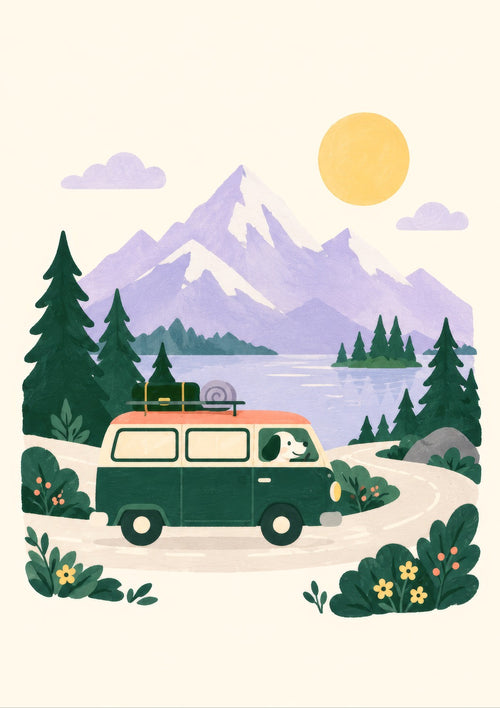 Adventure Camper children’s illustration in green, coral, lilac and yellow — artwork detail
