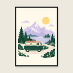 Adventure Camper children’s illustration in green, coral, lilac and yellow — styled with a black frame; choose the framed finish to include it