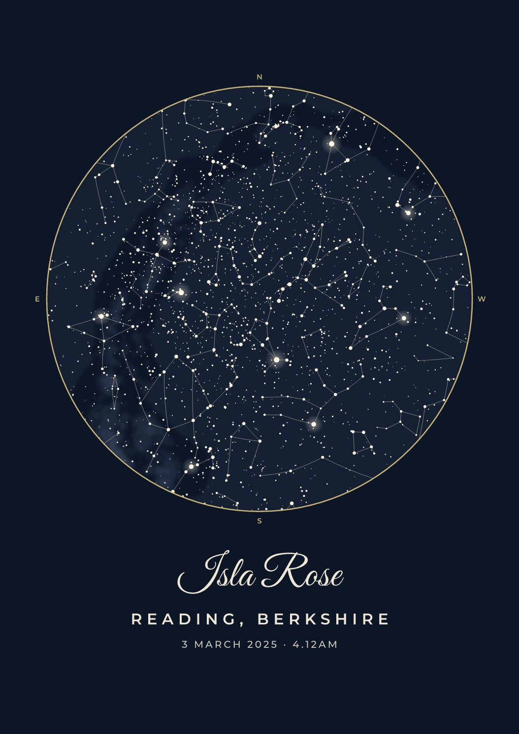 The Night You Arrived personalised map — sample places and wording, enter your own details in the maker — artwork detail