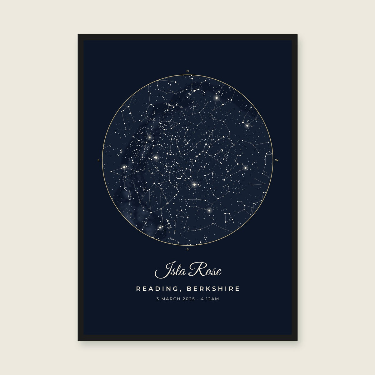 The Night You Arrived personalised map — sample places and wording, enter your own details in the maker — styled with a black frame; choose the framed finish to include it