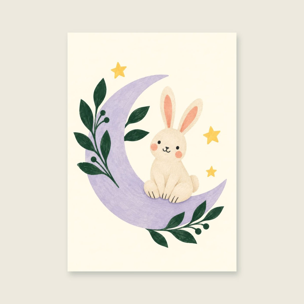 Moonlight Rabbit children’s illustration in green, coral, lilac and yellow