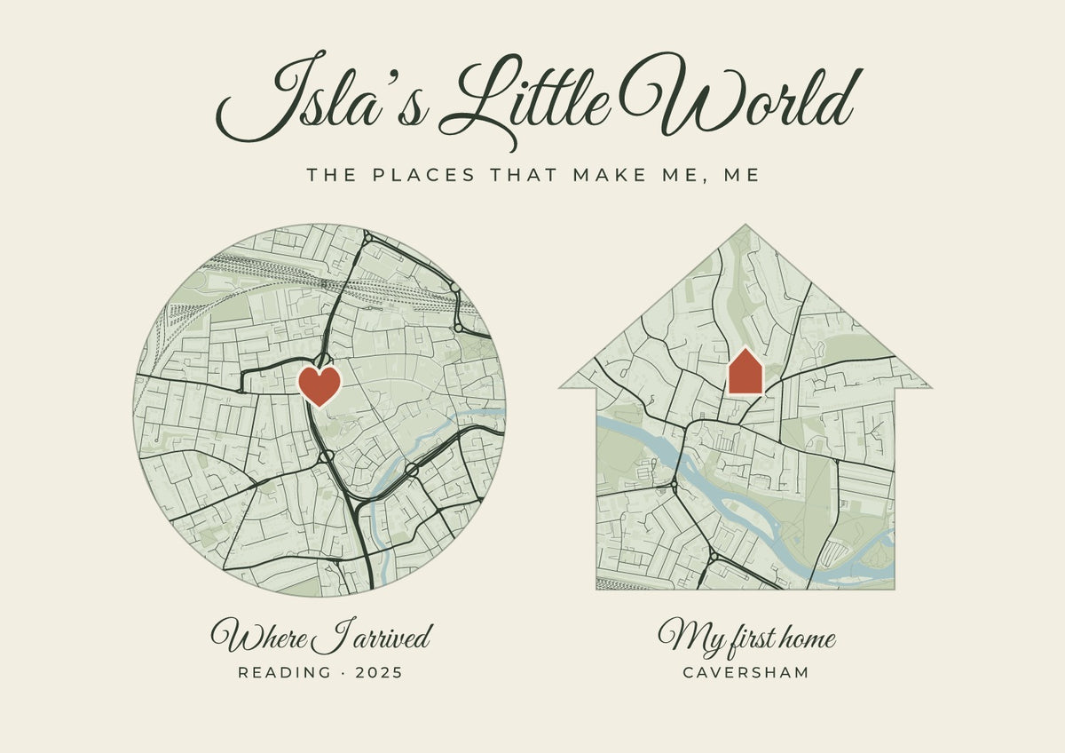 My Little World personalised map — sample places and wording, enter your own details in the maker — artwork detail