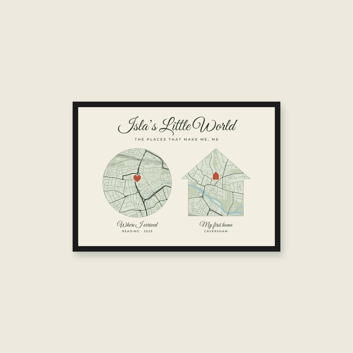 My Little World personalised map — sample places and wording, enter your own details in the maker — styled with a black frame; choose the framed finish to include it