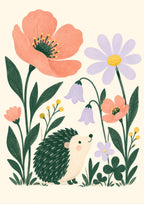 Hedgehog & Wildflowers children’s illustration in green, coral, lilac and yellow — artwork detail