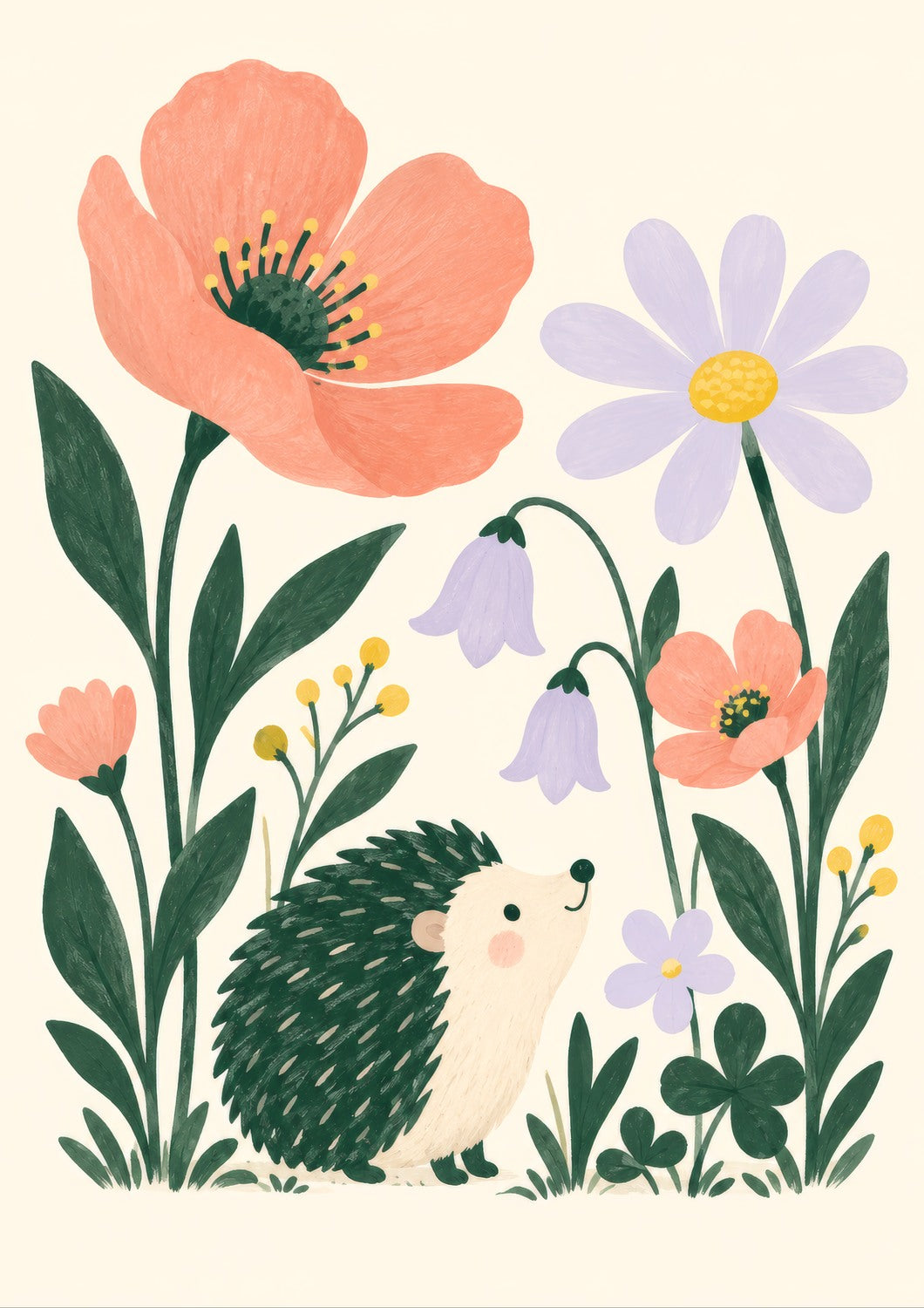 Hedgehog & Wildflowers children’s illustration in green, coral, lilac and yellow — artwork detail