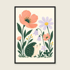 Hedgehog & Wildflowers children’s illustration in green, coral, lilac and yellow — styled with a black frame; choose the framed finish to include it