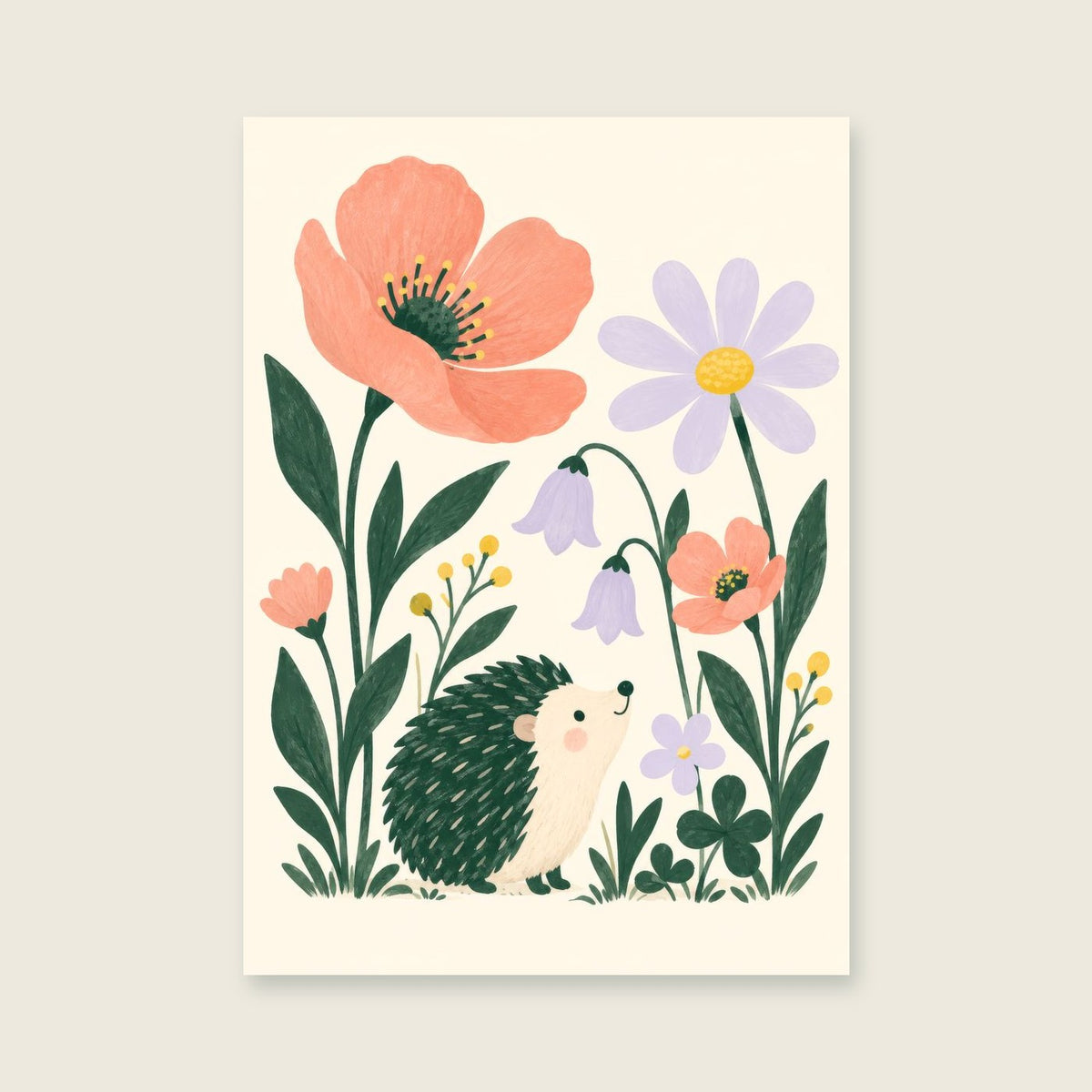 Hedgehog & Wildflowers children’s illustration in green, coral, lilac and yellow