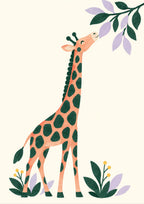 Giraffe in the Garden children’s illustration in green, coral, lilac and yellow — artwork detail