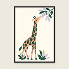 Giraffe in the Garden children’s illustration in green, coral, lilac and yellow — styled with a black frame; choose the framed finish to include it