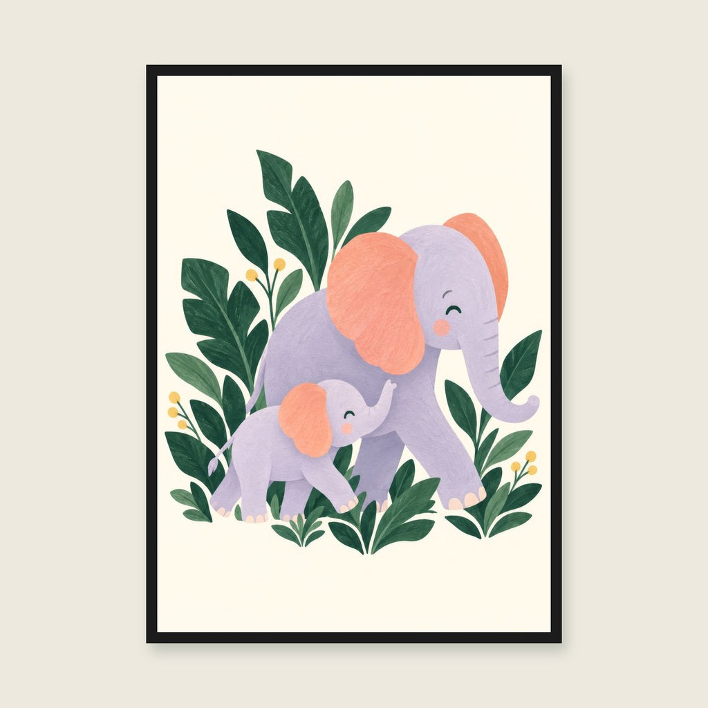 Elephant Parade children’s illustration in green, coral, lilac and yellow — styled with a black frame; choose the framed finish to include it