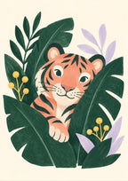 Tiger in the Leaves children’s illustration in green, coral, lilac and yellow — artwork detail